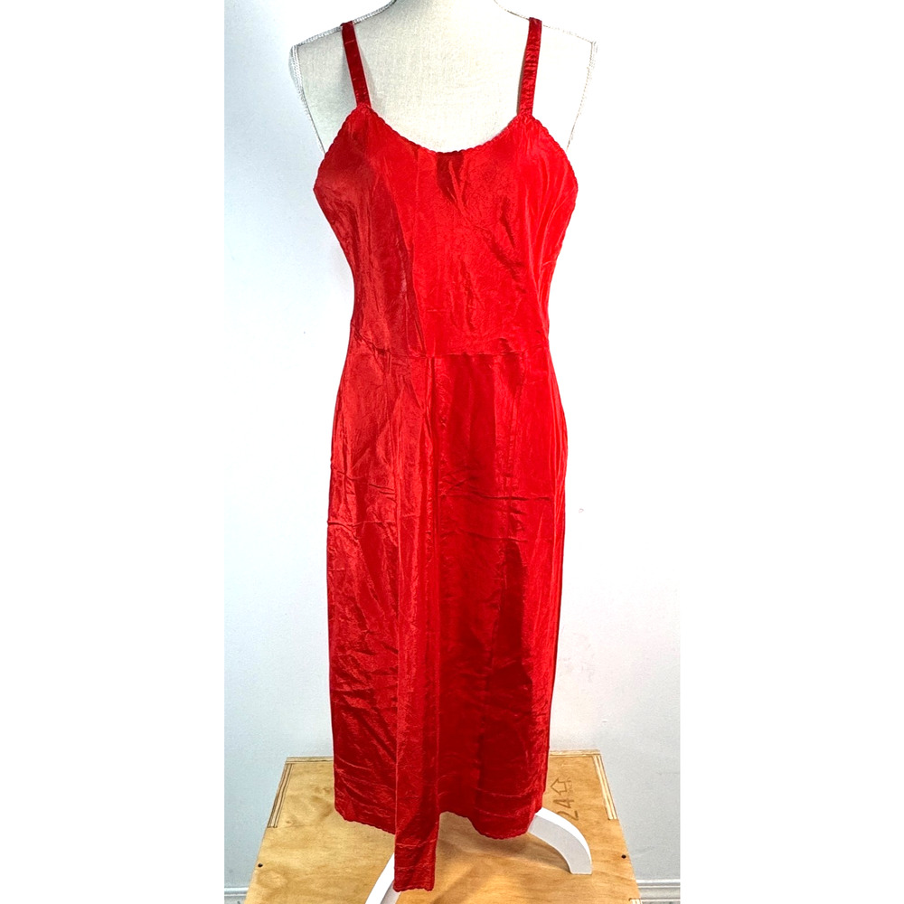 Vintage Red Satin Full Slip Dress Adjustable Straps Scalloped Hem Midi Lingerie